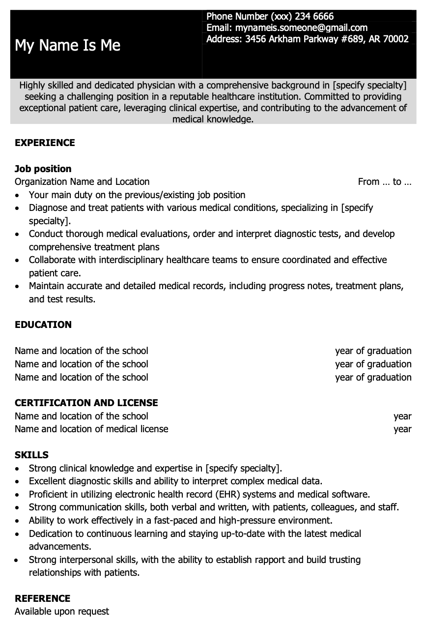 CV Template for Physician