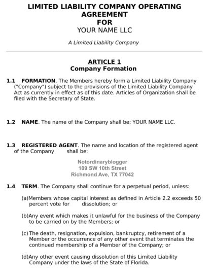 Example of LLC Operating Agreement
