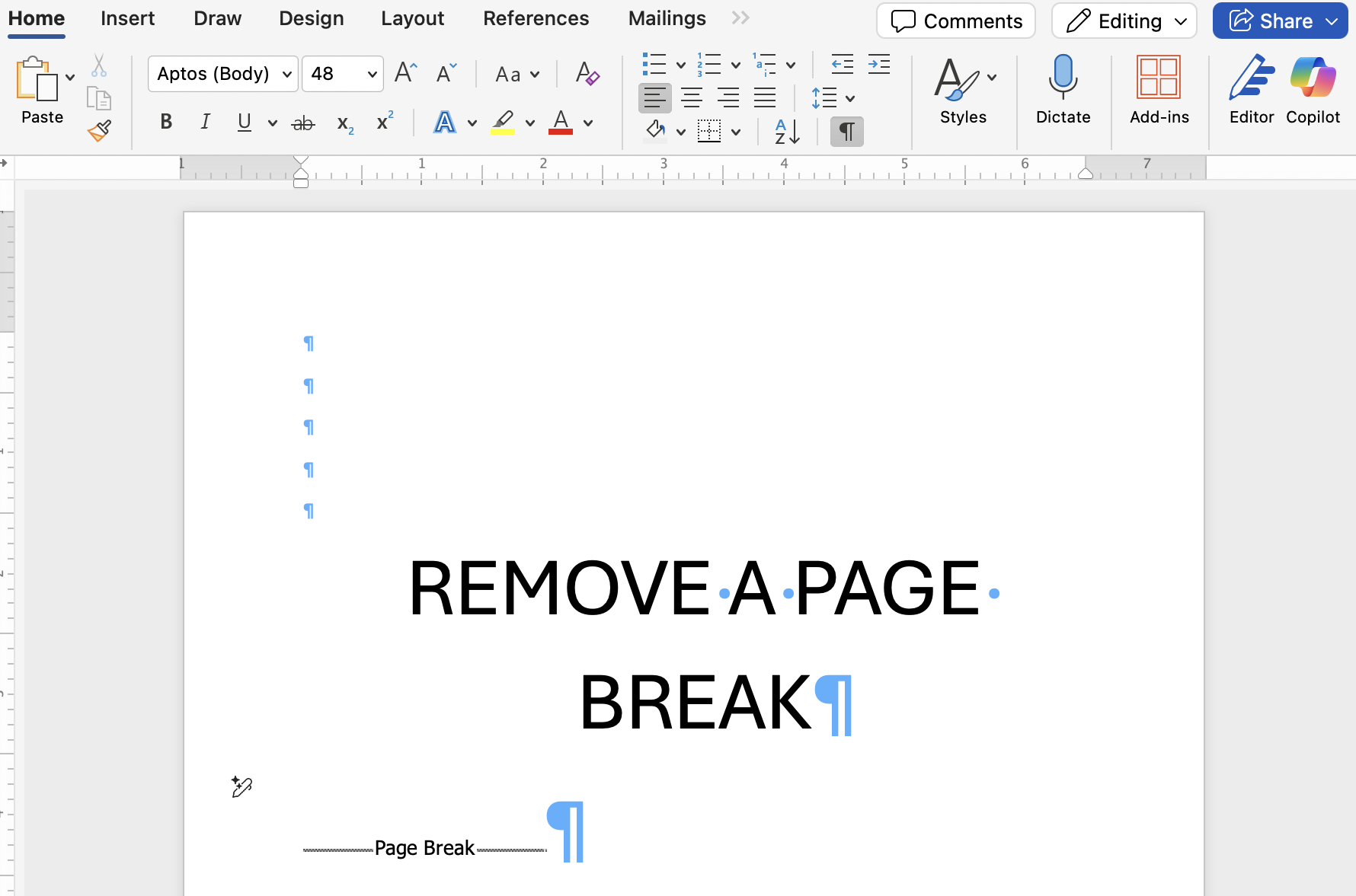 how to remove a page break in word
