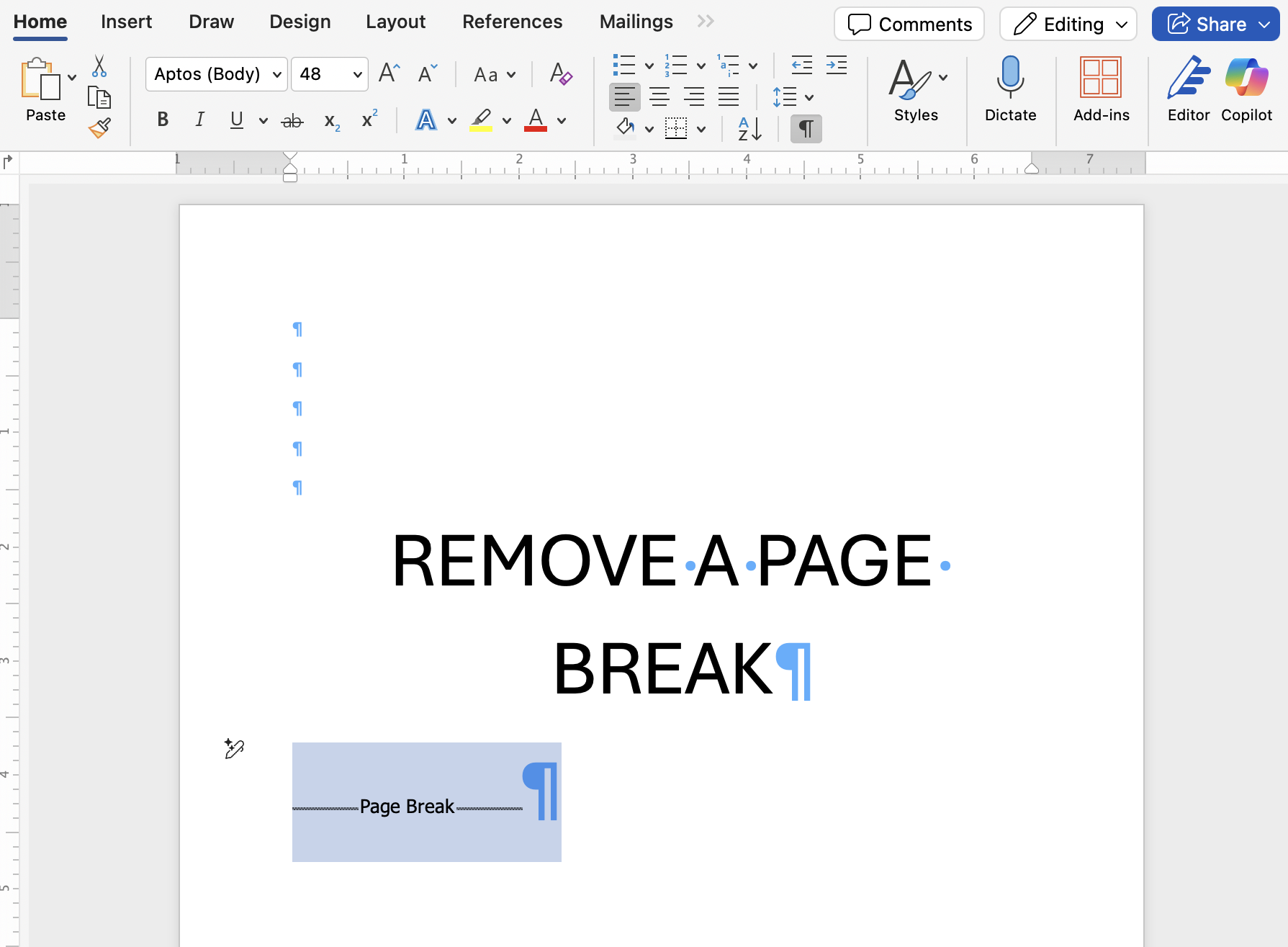 how to remove a page break in word