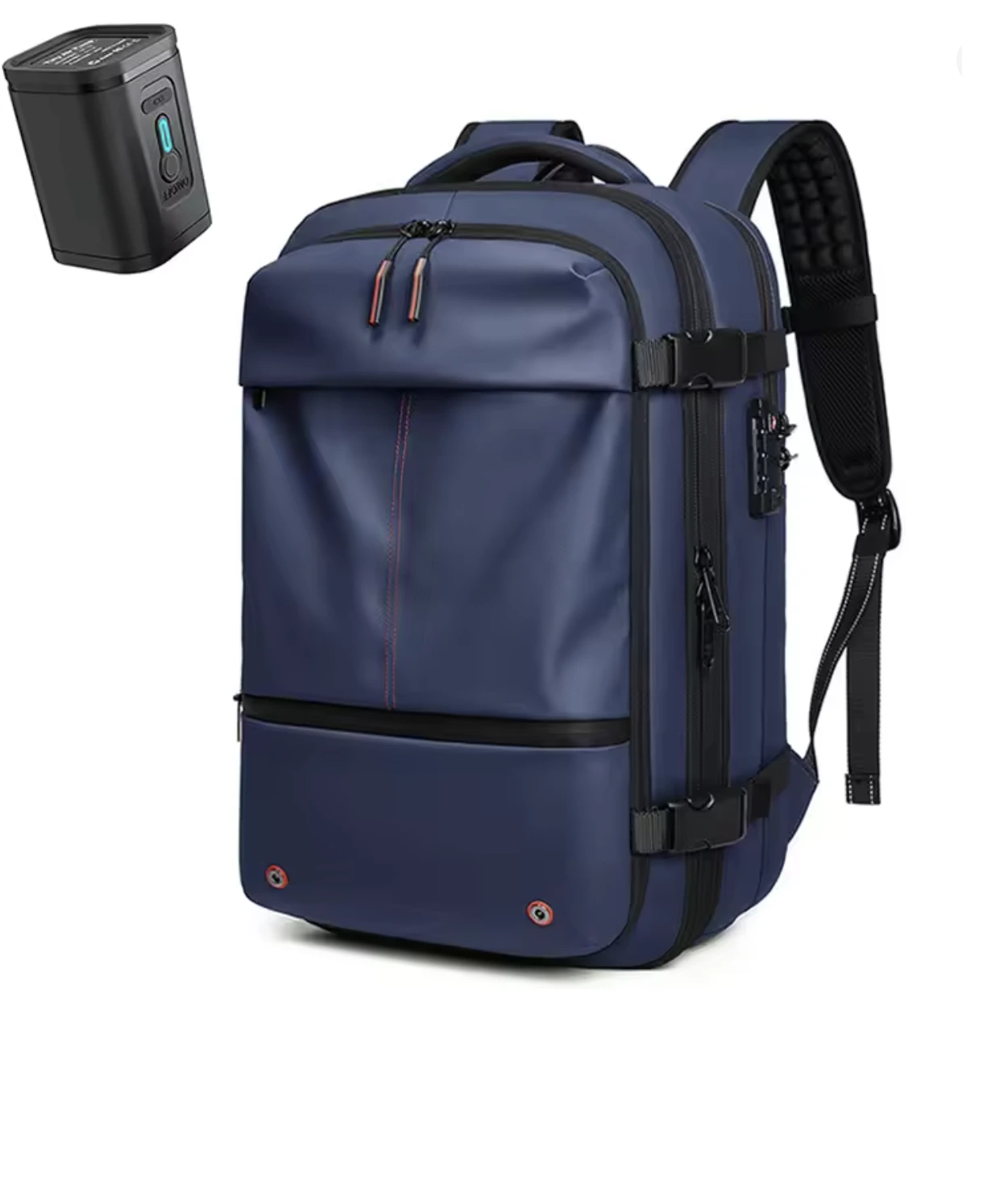 Expandable laptop backpack shown packed and expanded