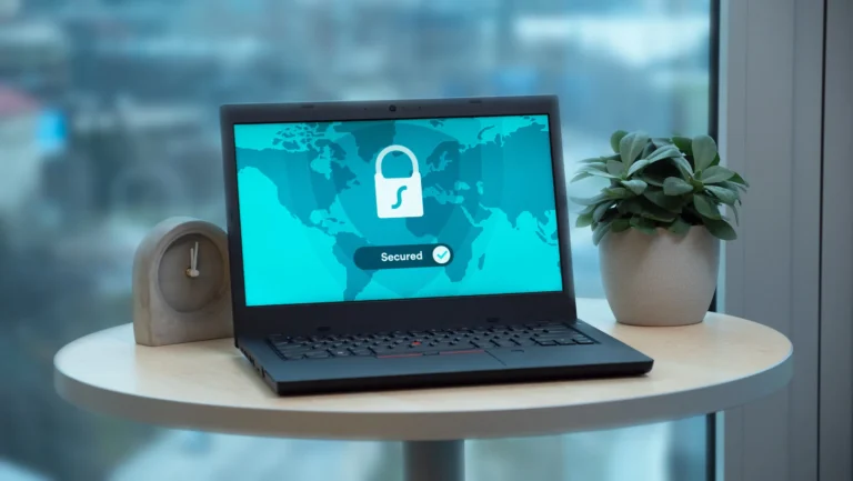 Laptop showing a digital security lock icon on a table