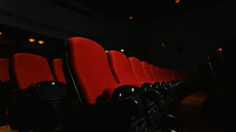 Empty rows of seats in a dark movie theater