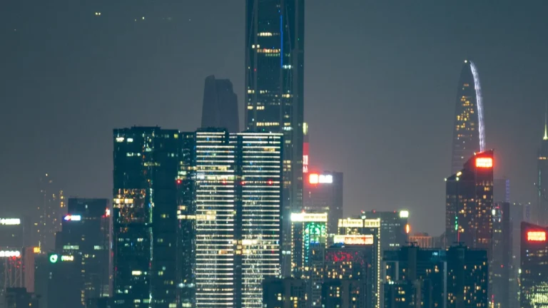 Shenzhen skyline with illuminated skyscrapers at night