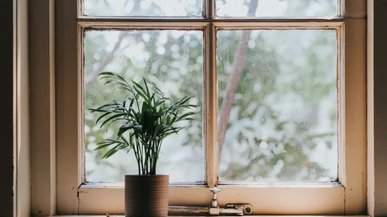 Green potted houseplant beside a bright window