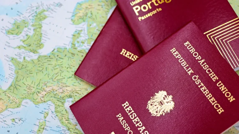 European passports lying on a world map, illustrating ETIAS travel authorization for Europe