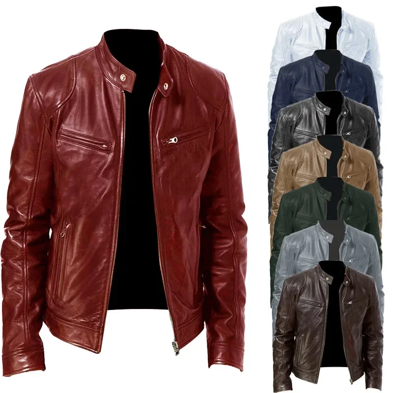 Men's slim-fit faux leather motorcycle jacket with zip stand collar