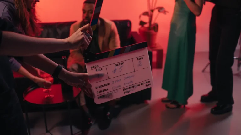 Clapperboard ready for action on a film set during production