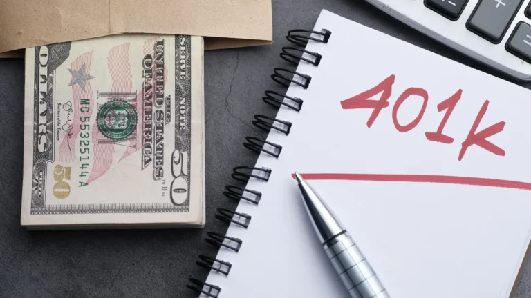 Notebook labeled 401k on a desk with a pen, cash and a calculator