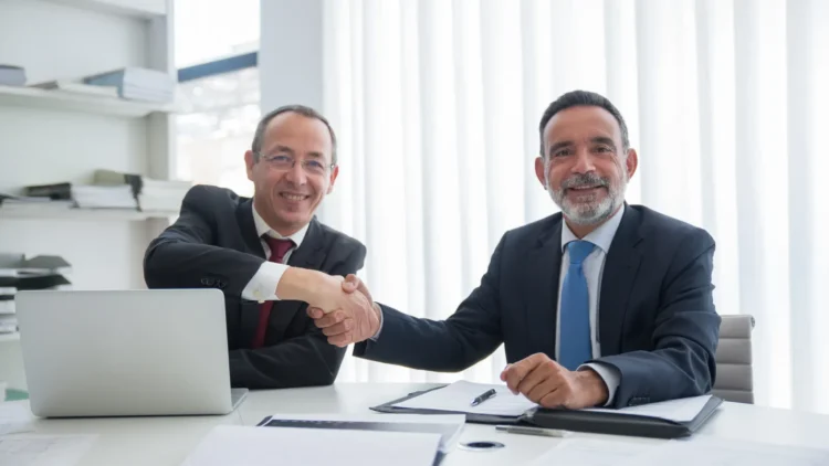 Two businessmen in suits shaking hands across a desk to close a business purchase deal