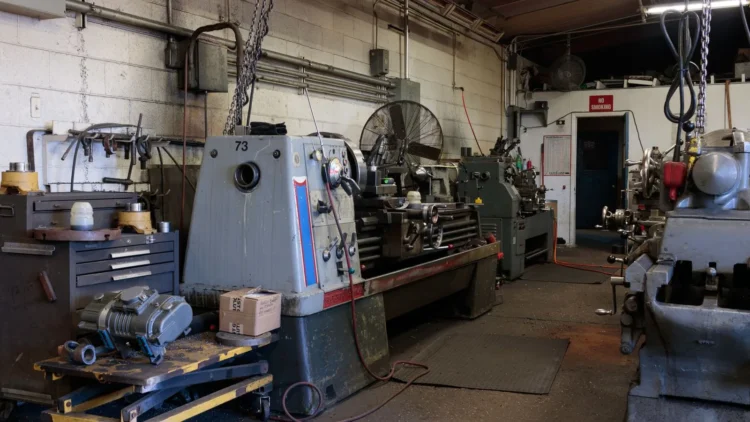 Machine shop with industrial equipment and tools