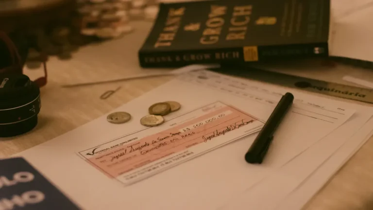 Desk with a paycheck, coins, pen and financial books for planning payroll taxes