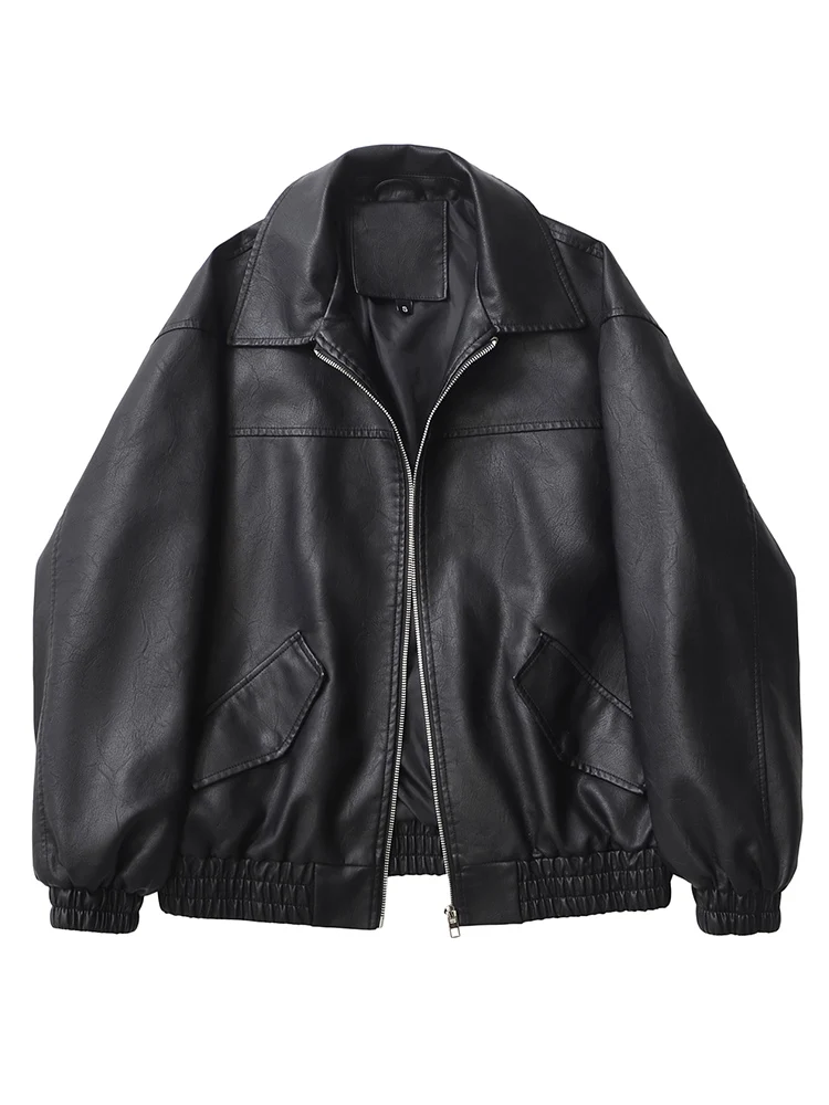Women's retro loose-fit faux leather moto jacket with zipper